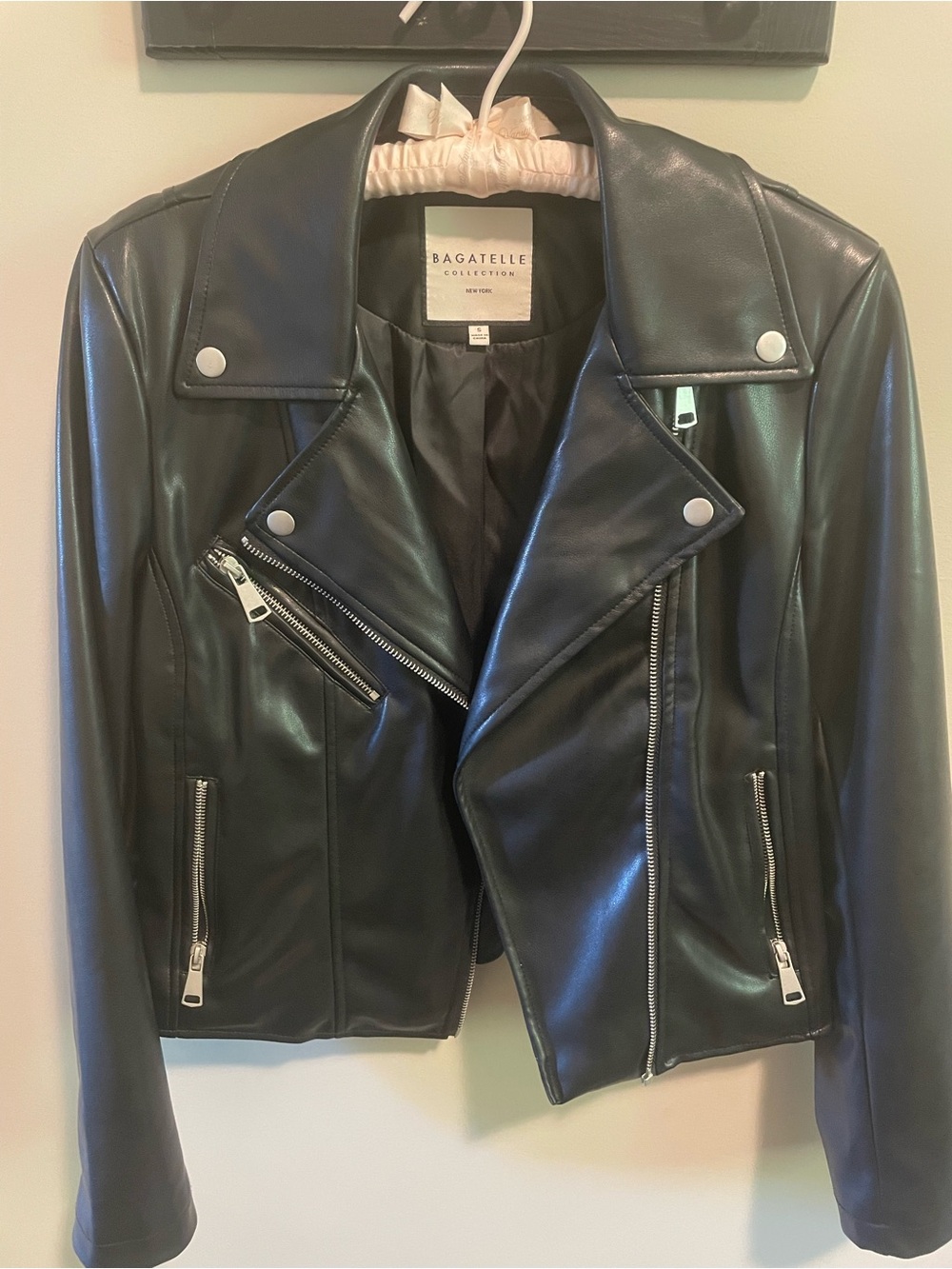 bagatelle Black Faux Leather Moto Jacket with Silver Hardware